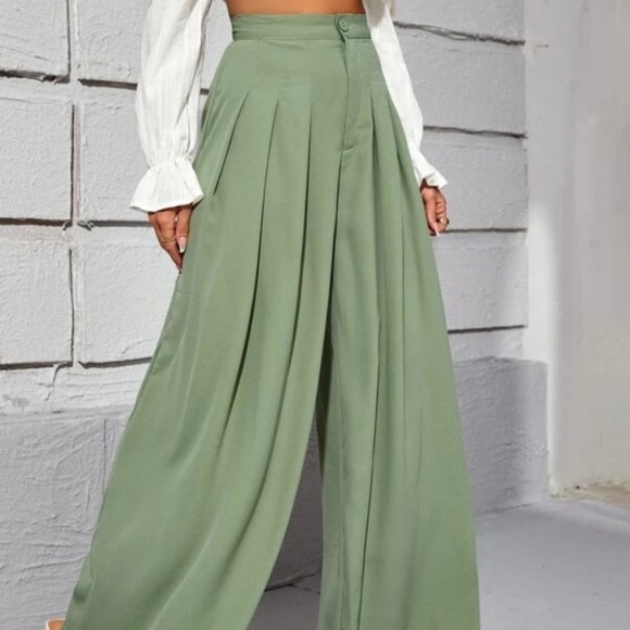 High Waist Fold Pleated Wide Leg Pants GREEN - Picture 6 of 6